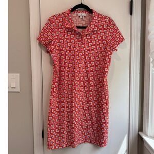 Jude Connally Womens Pink Orange Geometric Mod Polo Dress Short Sleeve Size L